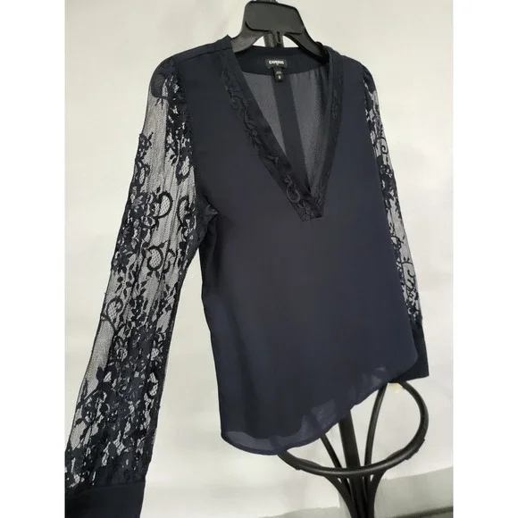 Express Black Lace Sleeve V Neck Sheer Blouse Top Women's Size 6 - Picture 4 of 9